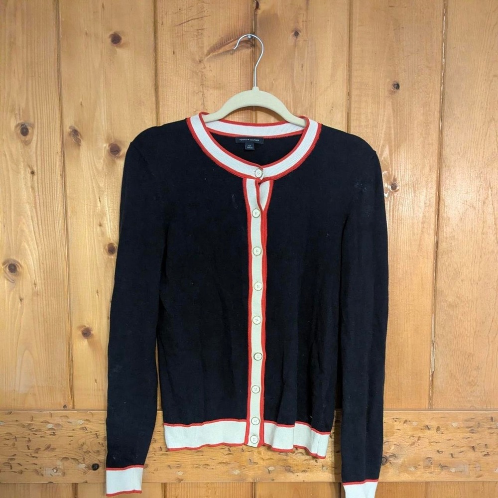 Tommy Hilfiger navy cardigan with red and white stripes, Size S